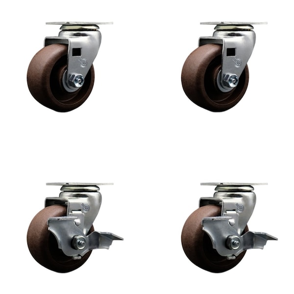 4'' High Temp Glass Filled Nylon Swivel Caster Set w/Bronze Bearings 2 Brakes, 4PK
